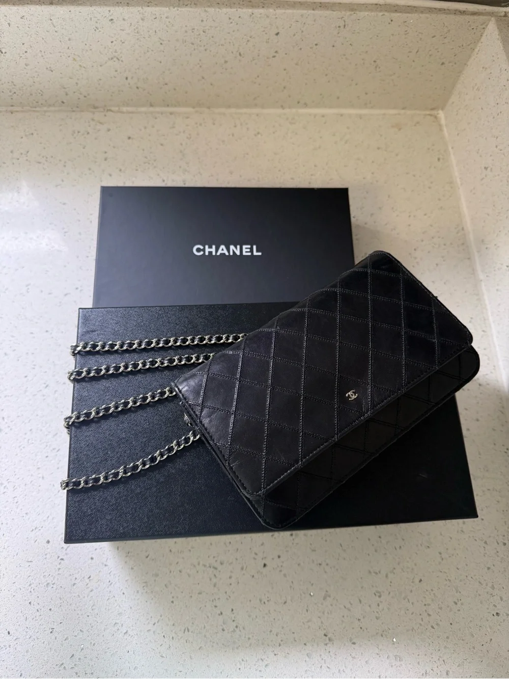 CHANEL Black Quilted Mini Wallet-on-Chain  Bag with Silver Chain